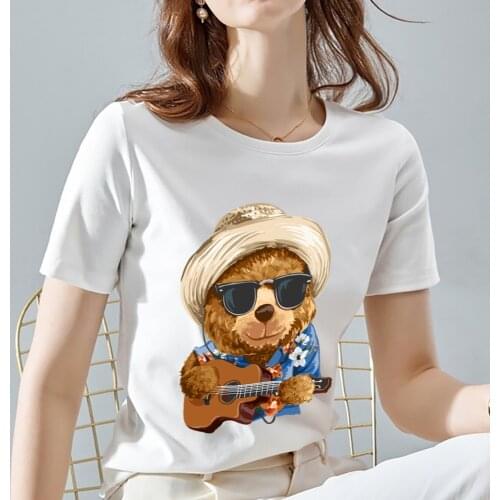 Summer Street Fashion Womens T-shirt Casual Ladies O-neck Short-sleeved 3D Cute Teddy Bear Print Pattern Series T-shirt