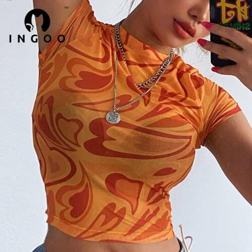 INGOO Summer Heart-shaped Print T-shirt Women Tee Fashion Short Sleeve O-neck Crop Top Street Style Slim Female Cropped Tops