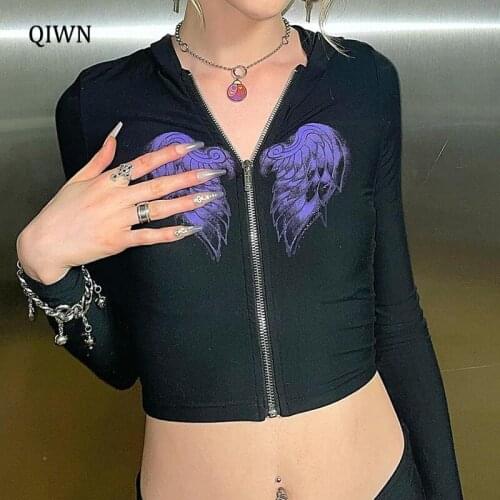 Goth Printed Hoodies Women Zip Up Hooded Jacket Dark Academic Black E Girl Techwear Long Sleeve Casual Crop Sweatshirts