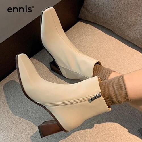 ENNIS Brand Womens Autumn Shoes Leather Ankle Boots Square Toe Shoes High Heel Boots Winter Zip Shoes Elegant Black Beige 2021