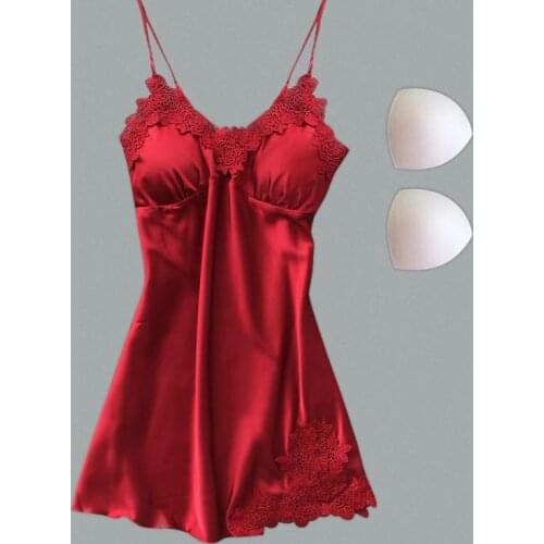 Ladies Silk Satin Sleeveless Sexy Dress Female V-neck Nightgown Nightdress Summer Women Lace Sleepwear Nightwear