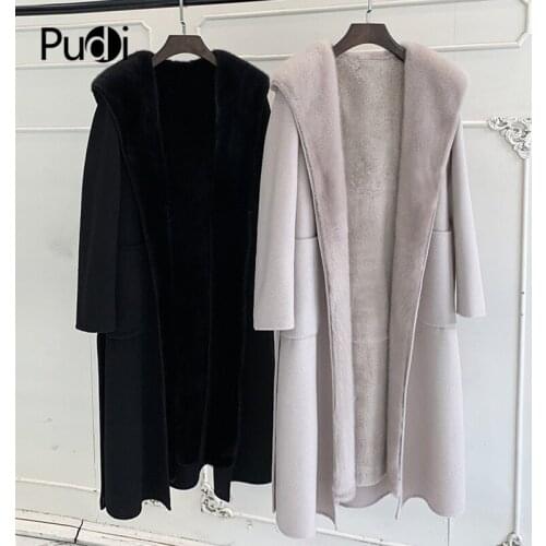 Women winter warm wool blends coat jacket with real rabbit fur lining genuine mink fur hood female overcoats ZY904