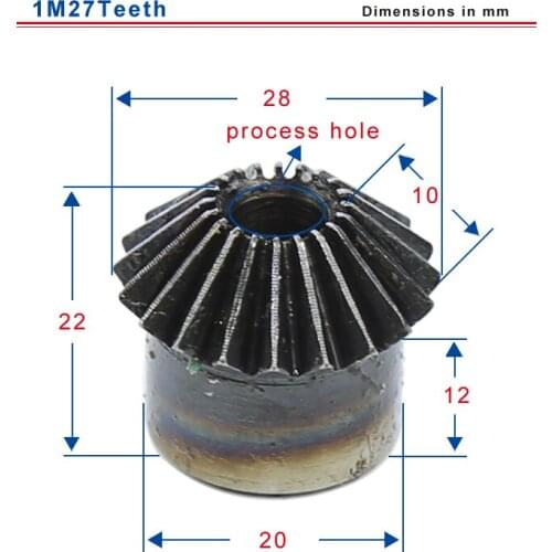 1M27 teeth bevel gear outer diameter 28 mm total height 22 mm process hole low carbon steel material gear
