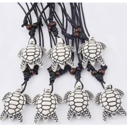 1pcs Faux Yak Bone White Tortoise/Turtles Charms Pendant Necklace Resin Jewelry Black Wax Cotton Cord