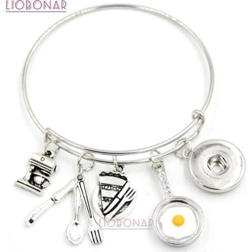 10PCS Wholesale Snap Jewelry Chef Bracelet Utensil Baking Cooking Pan Charms Wire Bangle Snap Bracelets for Chef Gift