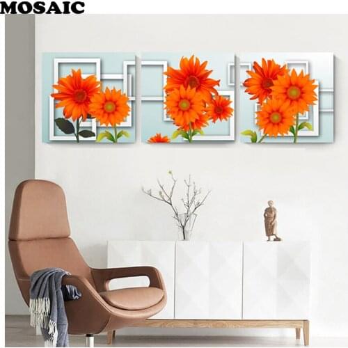 Full Diamond Embroidery red flower 5D DIY Diamond Painting Triptych square Rhinestone Crystal Mosaic Cross Stitch Decoration art