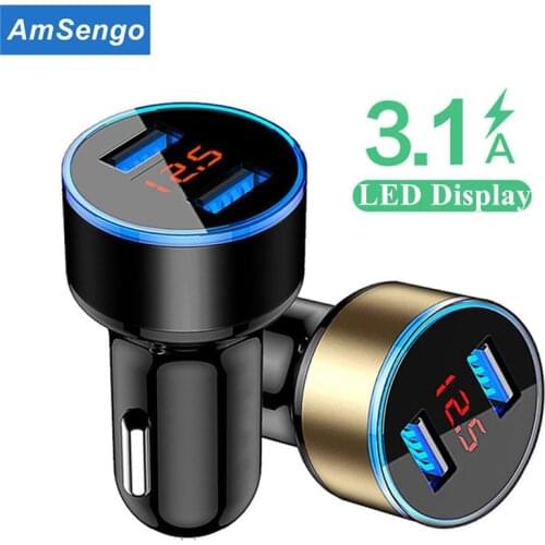 Amsengo 3.1A Car Charger LED Display 2 Port Fast Charging For iPhone 12 11 Pro Max Xiaomi Universal Dual USB Car-charger Adapter