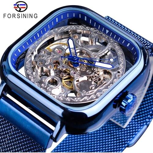 Forsining Watches For Mens Automatic Mechanical Fashion Dress Square Skeleton Wrist Watch Slim Mesh Steel Band Analog Blue Clock