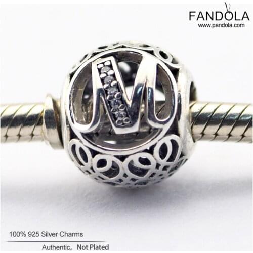 CKK Fits Europe Bracelet Argent Charm 925 Sterling Silver Openwork Letter M Vintage Alphabet Charms Beads for Jewelry Making