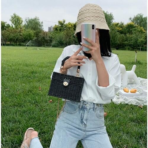 Elegant Female Box Tote bag Summer Travel Beach Bags Box Square Bag Handmade Straw Pouch Wicker Braided Women Handbags