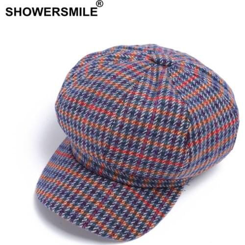 SHOWERSMILE Newsboy Cap For Women Wool Navy Plaid Tweed Gabby Baker Boy Cap Autumn Winter Korean Retro Woolen Ladies Beret