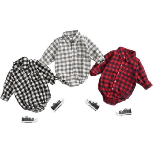 Turn down Collar Newborn Infant Baby Boys Plaid Romper Long Sleeve Jumpsuit One Piece Outfits Sunsuit Toddler Boy Autumn Clothes