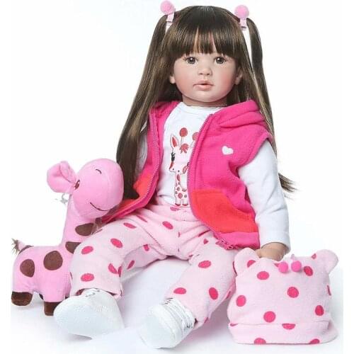 Reborn Toddler Girl 24 Inch Lifelike Reborn Doll Toddlers Long Brown Hair Vinyl Silicone Doll Toy Outfit Gift Set Fashion Doll
