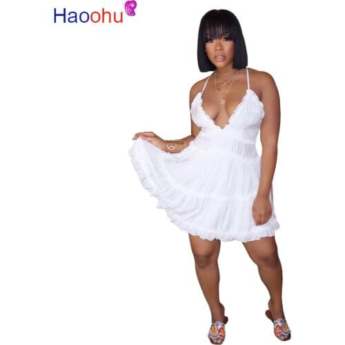 Cute Ruffles Solid Female Vestidos Sexy Deep Neck Spathetti Strap Cross Back Mini Dress Sweet Princess Empire Waist Cake Dresses