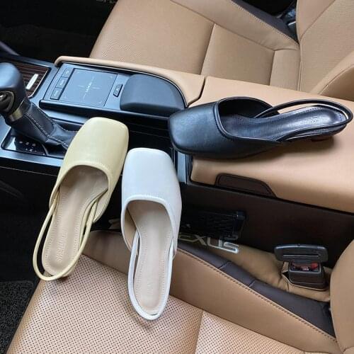Wood Heels square toe sandals women slippers ins genuine leather summer shoes woman mules slip on back strap cover toe sandalias