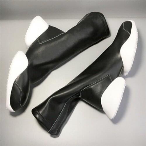 Personality Unisex Thick Bottom Stretch Mid Calf Knight Boots Spring Autumn New Brand Round Toe Slip On Increase Cow Suede Boots