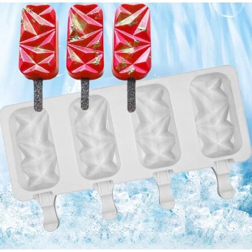 4/8 Cavity Diamond Texture Silicone Popsicle Molds Ice Cream Moulds and 50Pcs Sticks Summer Ice Cakesicle Tray Dessert Tools