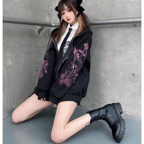 Hoodie Y2K Zip Harajuku Long Sleeve Grunge E-girl Hoodies Coat Autumn Top Sweatshirt Hip-Hop hooded skull print Black Oversized
