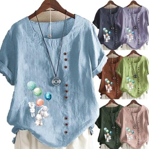 Womens New Fashion Round Neck Cartoon Print Short Sleeve Top Loose Linen T-shirt Casual Top S-5XL