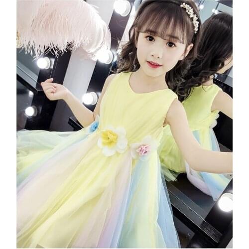 Explosive models girls dress new childrens fashion foreign summer dress in the big girl stitching flower net red color princess
