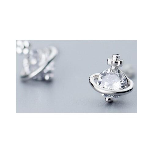 MloveAcc Tiny Ear Stud for Girl Genuine 925 Sterling Silver Clear CZ Planet Stud Earrings Easy Office Lady Week Jewelry