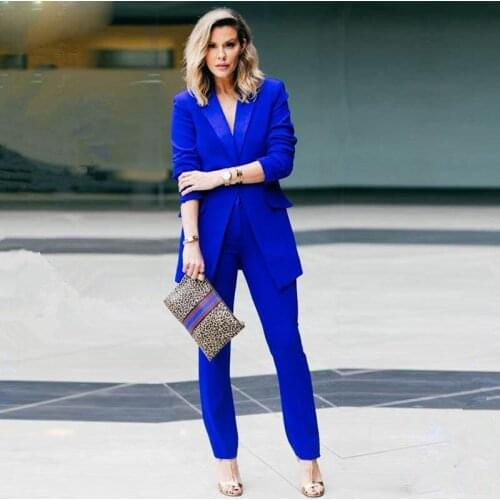 New Royal blue 2 piece set women business suits slim fit ladies office uniform elegant pant suits female trouser suits