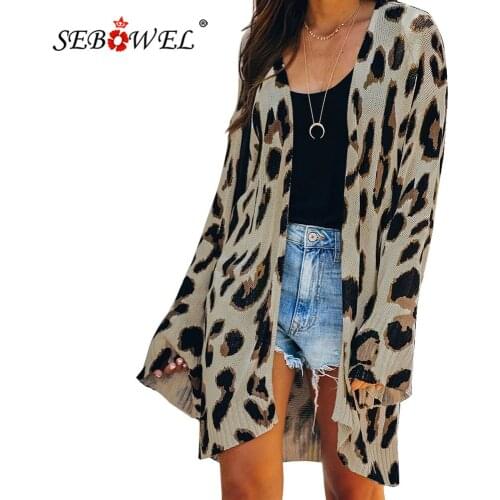 SEBOWEL Womens Oversized Leopard Knitting Cardigans Autumn Winter Lady Casual Loose Style Long Sleeve Sweater Coats S-XXL