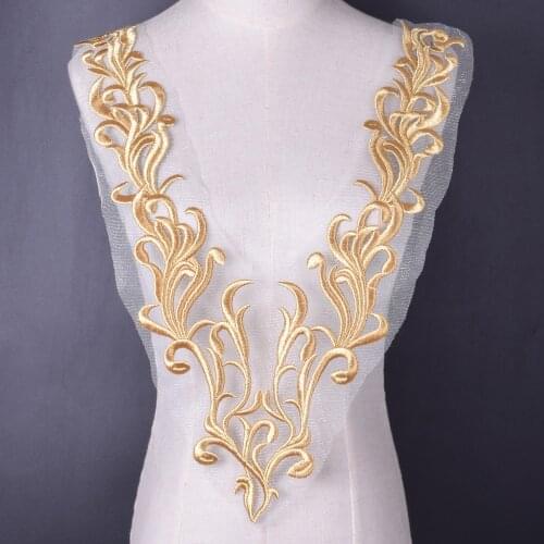 Gold Embroidered Lace Neckline Collar Applique Fake Lace Collar Patch Lace Fabric Scrapbooking