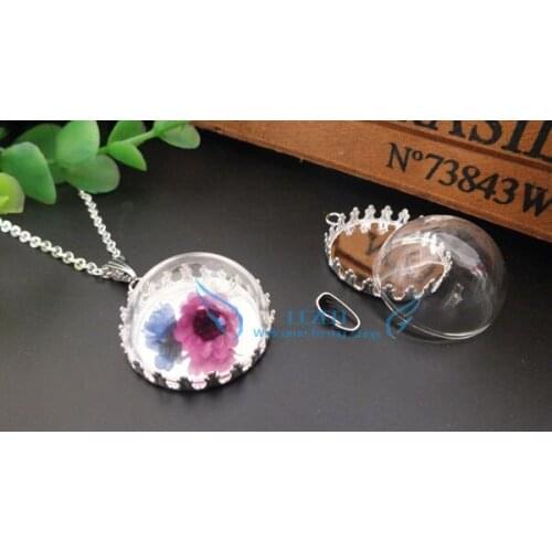 10sets glass vial pendant necklace kit--- silver plated crown pendant base with 15mm clear half round glass globe