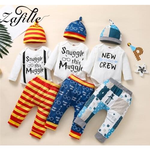 ZAFILLE 2021 Newest Winter Baby Boy Clothes Letter Bodysuit Romper+Printed Pants+Hat 3pcs Newborn Outfits 0-9 Months Boy Sets