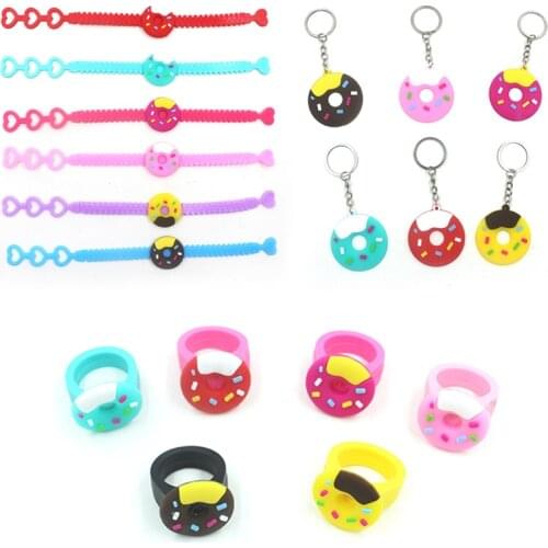 6pcs New Donuts Theme Party Favors Rubber Bracelet Rings Keychain Baby Shower Decorations Birthday Party Decorations Kids Gifts