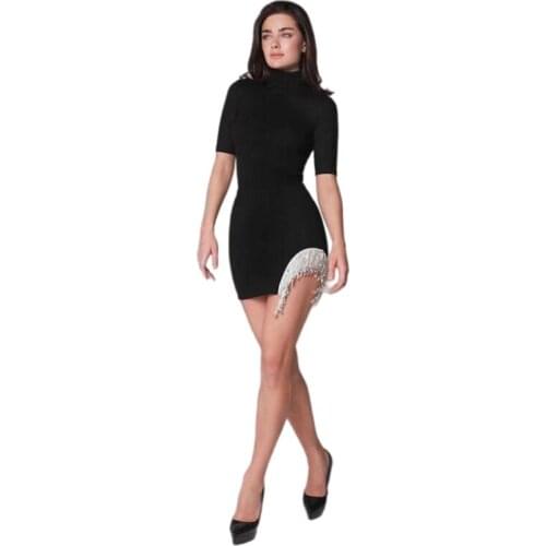 Free Shipping Wholesale Womans Black Short Sleeve Rhinestone Chain Tight Fashion Celebrity Cocktail Party Bandage Dress