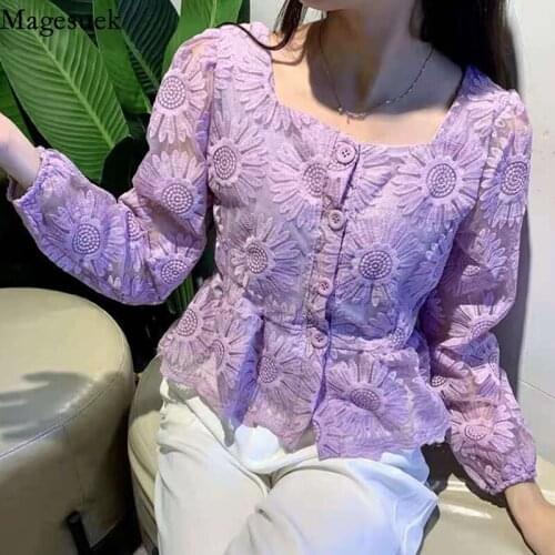 French Square Collar Spring Women Shirts Slim Embroidery Flowers Lace Blouse Ladies 5 Color Elegant Sweet Top Blusas Mujer 15599