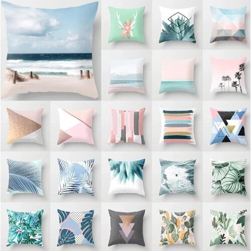 Nordic Pink Geometric Cushion Covers Decoration Polyester Modern Beach Tropical Plants Print Throw Pillows Cover Sofa Car Chairs