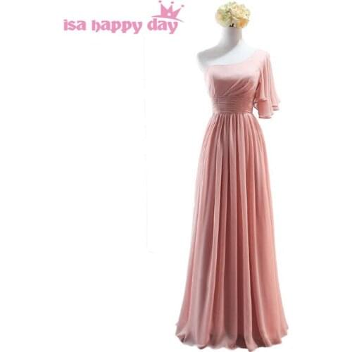 One shoulder long dress blush cheap beautiful chiffon plus size bridesmaid girls brides maids dresses for special occasion H4132