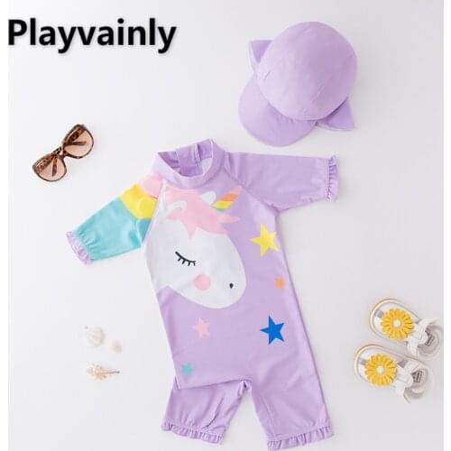 Baby Girls Swimming Wear Unicorn purple One Piece Swimsuits with Hat Children Fashion Swimwear E71398