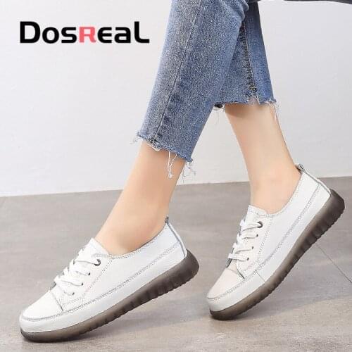 Dosreal Women Casual Shoes Cow Leather White Sneakers Comfortable Fashion Flats Shoes For Females Simple Lace up Footwears