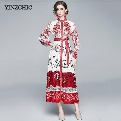 Elegant Lady Long Dress Spring New Womans Floral Skirt Single Breasted Female Maxi Party Dresses Floral Vestidos Femme