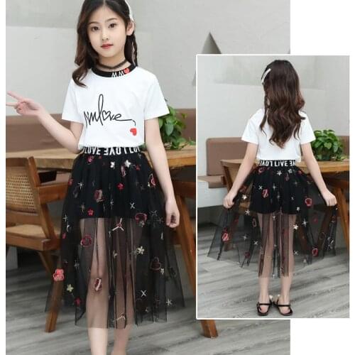 DIIMUU Girls Outfits Sets T-shirt + Dress Summer 2PCs Sets for Girls 4-13 Years Kids Clothing Suits Tops and Lace Dress
