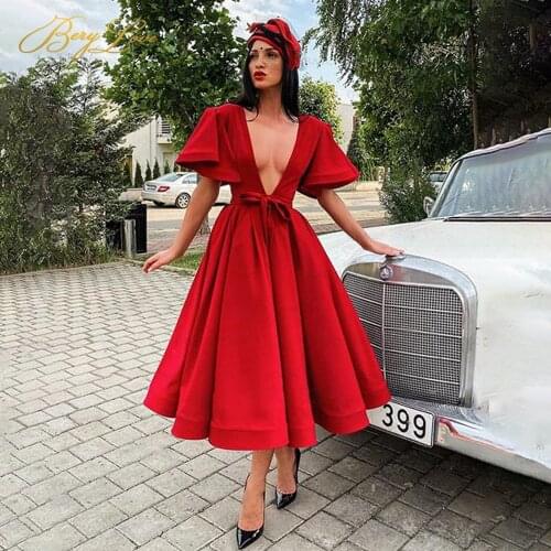 Berylove Red A Line Party Dress Ruffle Sleeve Deep V Neck Prom Dress Sexy Evening Dress Satin Ankle Length robe de soirée de
