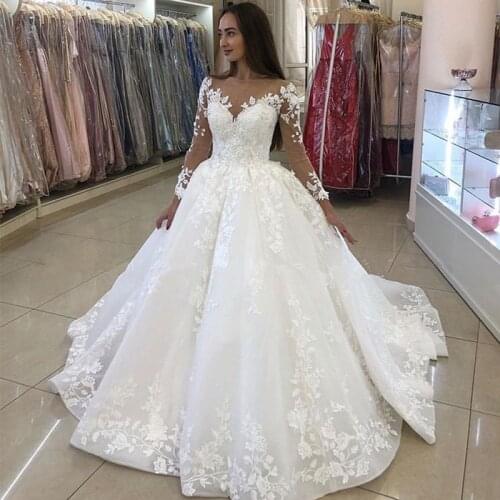 Illusion Princess Ball Gown Wedding Dresses Lace Appliques Long Sleeves White Bridal Gowns Plus Size Vestidos De Noiva