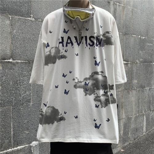Summer dark retro hip-hop street butterfly cloud print student loose Harajuku style short-sleeved t-shirt men and women tops