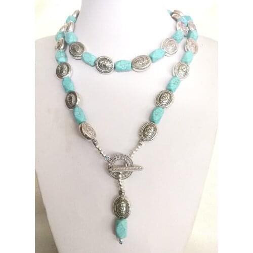 90cm 36inch Woman Fashion jewelry Light blue baroque stone old tibet silver flower beads handmade Necklace gift