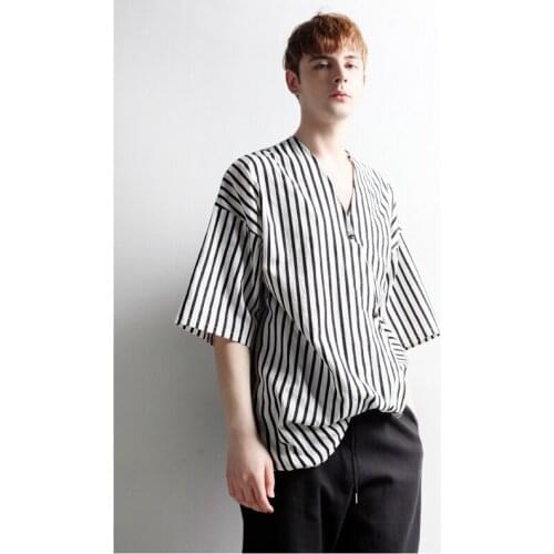 Mens vertical stripe wrapped short sleeve V-neck T-shirt asymmetric top