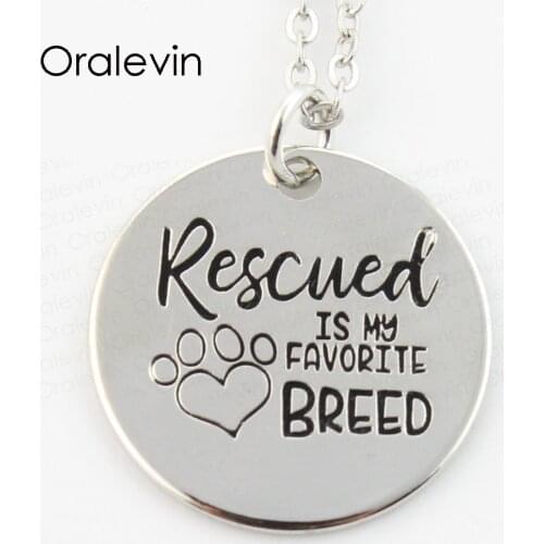 Wholesale RESCUED IS MY FAVORITE BREED Dog Paw FootPrint Charms Necklace Lover Gift Jewelry ,22MM,10Pcs/Lot,#LN108