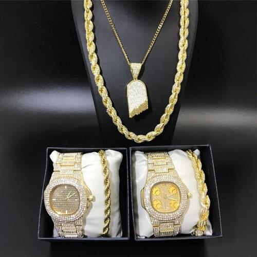 Luxury Men Gold Watch Hip Hop Men Cuban Necklace Chain Men Watch & Necklace & Braclete Combo Set Ice Out Cuban In Crystal
