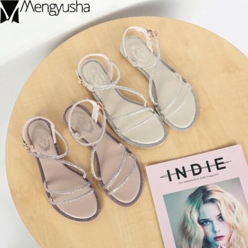 Crystal summer fairy flats sandals casual sweet student gladiator shoes woman microfiber narrow band femme sandalias mujer 2019