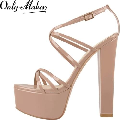Onlymaker Casual Summer Platform Ankle Buckle Sandals Chunky High Heel Black Pink Patent Leather Cross Strap Fashion Party
