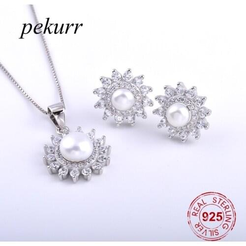 Pekurr 925 Sterling Silver Lifebuoy Crystal Sunflower Freshwater Natural Pearl Earrings Necklace Sets For Women Round Pendants