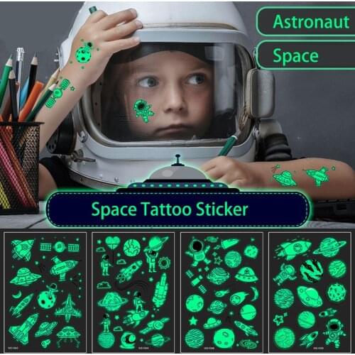 Luminous Childrens Tattoo Sticker Glowing Temporary Waterproof Space Astronaut Cartoon Transfer Body Art Arm Face Kid Toy Gift